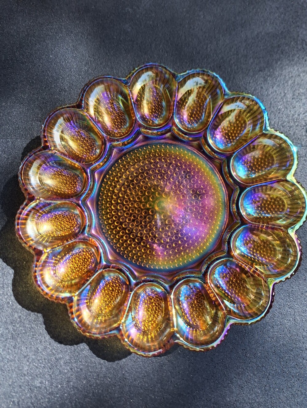 Indiana Glass Hobnail Deviled Egg Plate - Carnival Amber iridescent Amber Tray